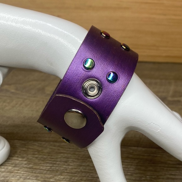 Deep purple painted leather bracelet handmade jewelry with rainbow rivets 1.25” - Picture 5 of 9